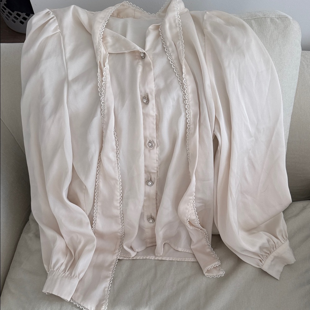 Cream Lace-Trim Button-Down Blouse – Feminine Long Sleeve Top